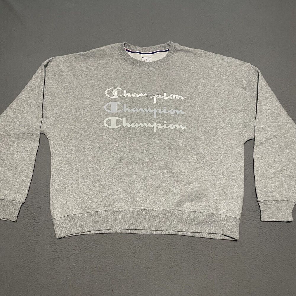 Champion Womens Long Sleeve Gray Crew Neck Cropped Sweatshirt Activewear XL